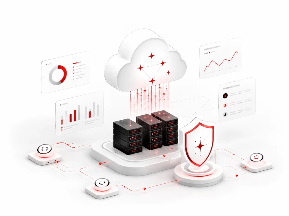 Cloud operations, protected infrastructure and cybersecurity illustration