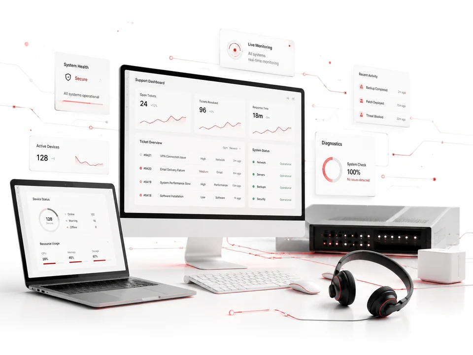 Managed IT support workspace with system monitoring and service dashboards