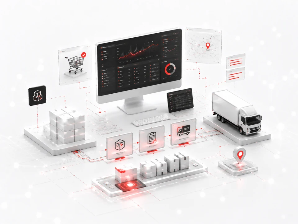 Order management and logistics control illustration with connected operational workflows